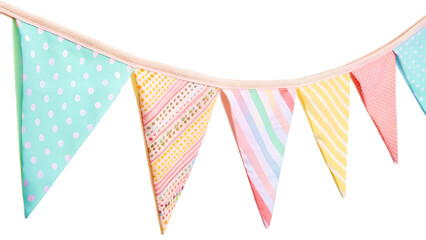 Fototapeta premium Multicolor triangular bunting party decoration, soft pastel colors with subtle patterns such as polka dots and stripes