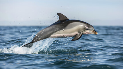 Playful Dolphin Leaping from Sparkling Waves Under Clear Sky: A Marvel of Marine Life and Nature's Beauty