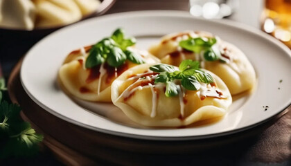 Dumplings with fried onion and herbs. 