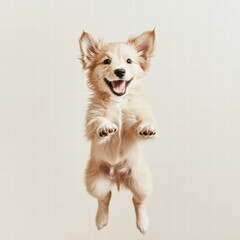 Joyful puppy jumps in mid air with a big smile against a neutral backdrop, perfect for text placement and mock up designs. Generative AI
