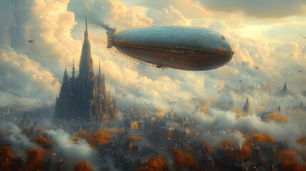 Naklejka premium A fantastical scene featuring a zeppelin over a mystical cityscape with towering architecture.