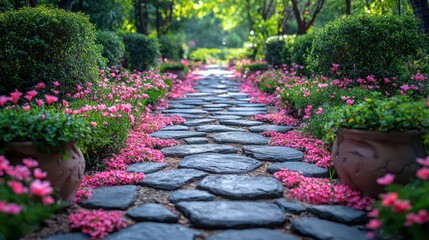 A garden pathway lined with bushes, flowers, and small ornamental trees, creating a tranquil and inviting atmosphere.