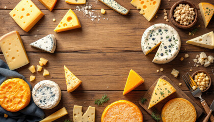  An assortment of cheeses, including yellow, white, blue, and orange varieties, is spread across a rustic wooden surface, accompanied by nuts and herbs.