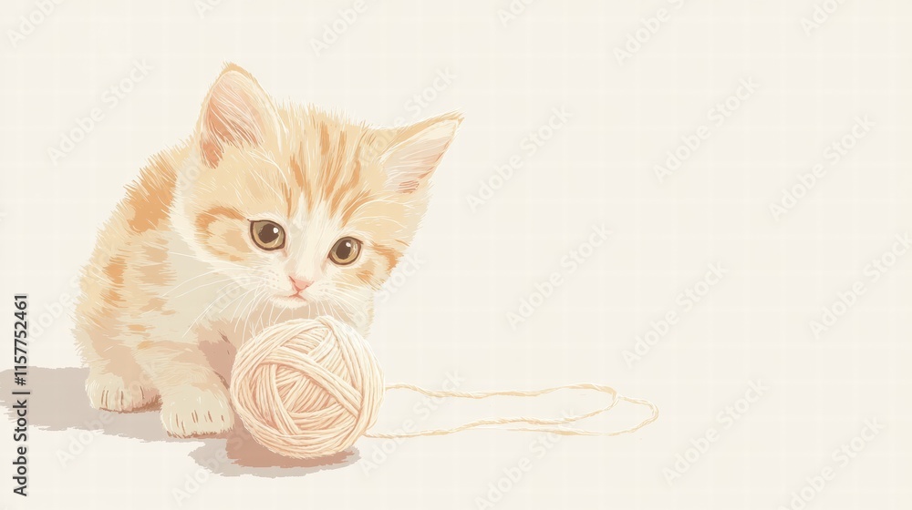 Poster Cute kitten enjoys playful moment with soft yarn ball in a cozy setting with ample space for text placement. Generative AI