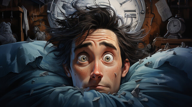 sleep-deprived man awakened by the alarm, in cartoon style.   