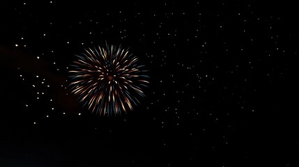 Fototapeta premium Vibrant and Simple Fireworks Display in Night Sky with Colorful Bursts of Red, Blue, and Gold, Gently Illuminating Surroundings, Set Against Dark Backdrop with Scattered Stars, Ultra Realistic Masterp
