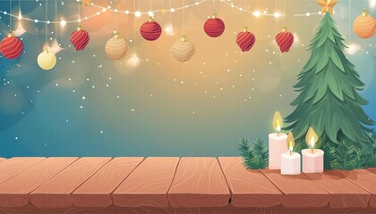 Charming Christmas Wooden Table Mockup Featuring a Festive Background with a Beautiful Christmas Tree, Colorful Ornaments, Glowing Candles, and Twinkling Lights for Holiday Celebrations