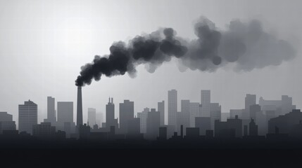 Fototapeta premium Industrial chimneys release thick black smoke into a gray overcast sky over a city skyline. Generative AI