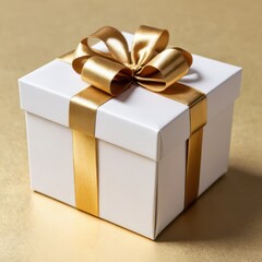 White gift box tied with gold ribbons
