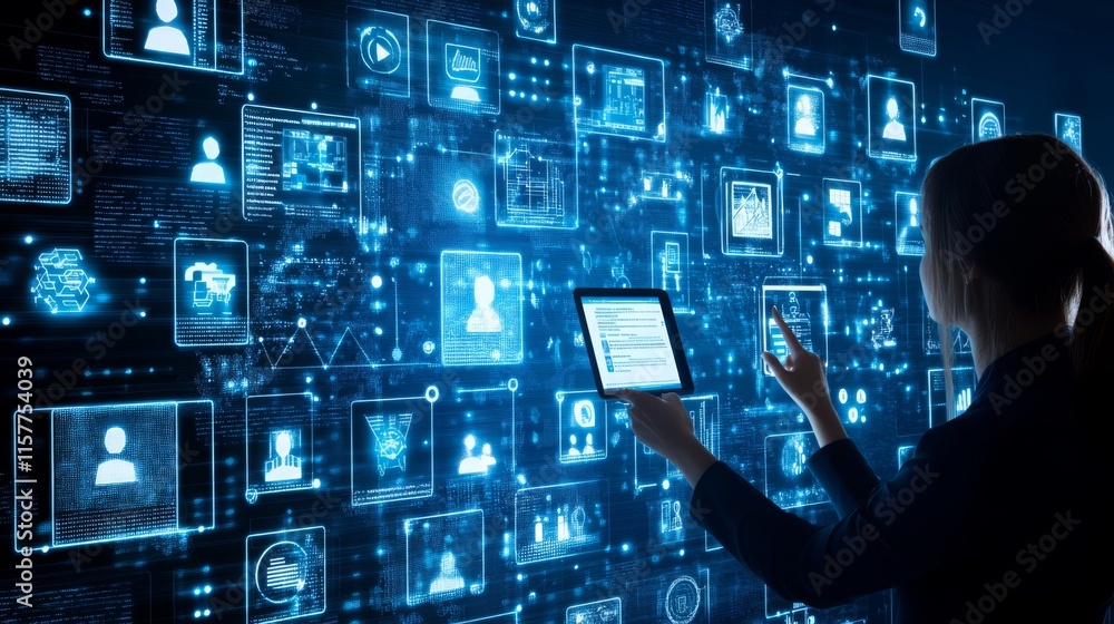 Aufkleber business professional interacts with futuristic digital interface while holding tablet and smartphon