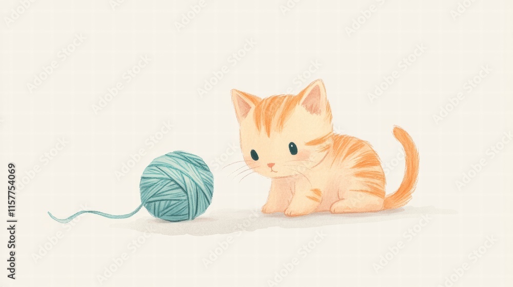 Aufkleber cute kitten playing with a ball of yarn in a cozy space with room for text. generative ai