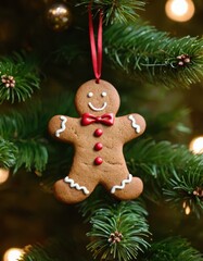 Christmas gingerbread man cookie on a fir branch