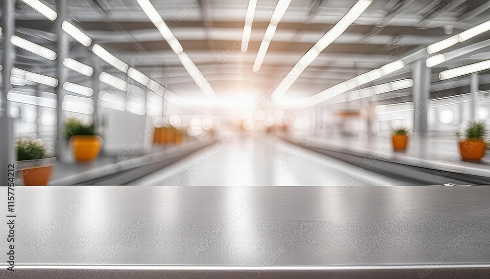 Poster clean and polished metallic assembly line surface with a blurred dynamic factory background ideal fo