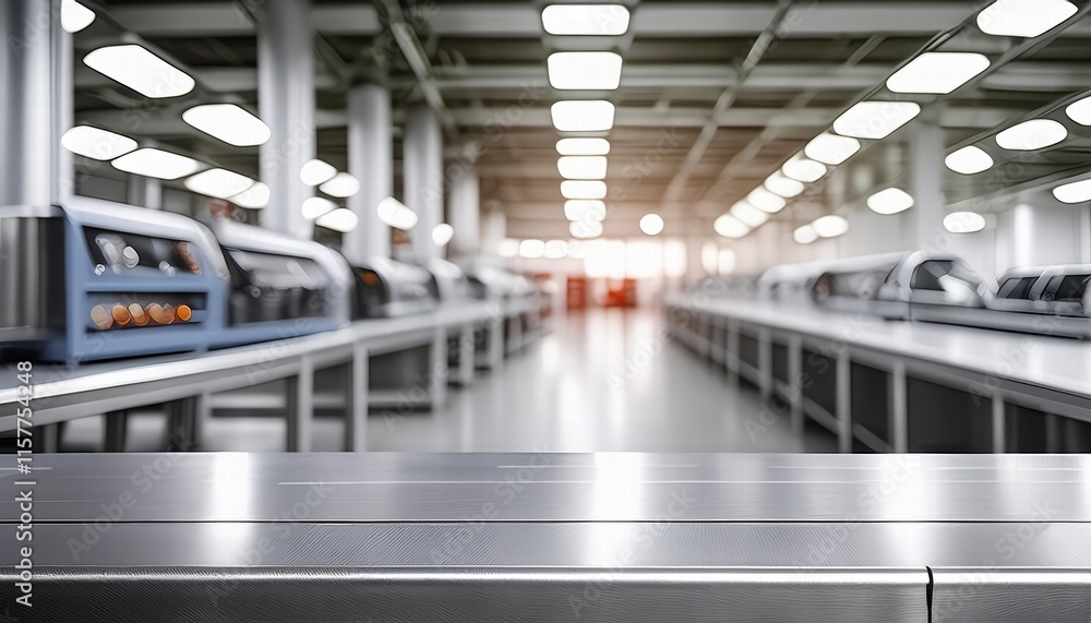 Poster clean metallic assembly line surface with blurred dynamic factory background ideal for industrial de