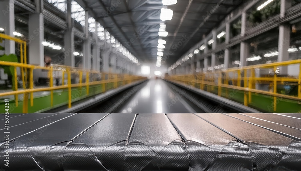 Poster clean, metallic assembly line surface with blurred dynamic factory background an ideal representatio