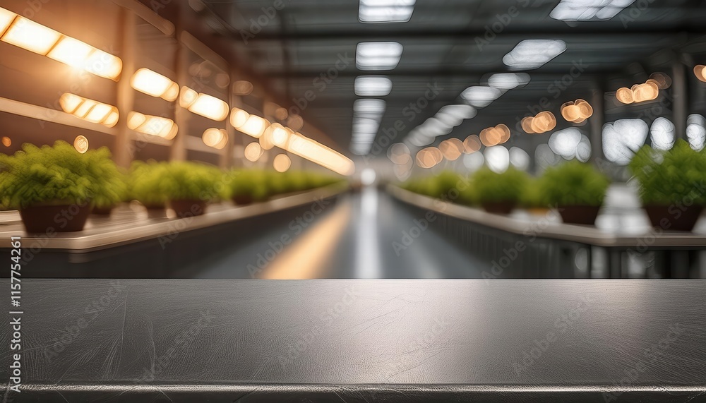 Poster clean, metallic assembly line surface with a blurred, dynamic factory background showcasing advanced