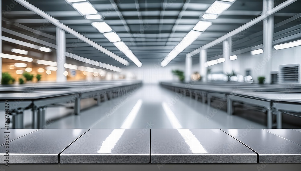 Aufkleber clean, metallic assembly line surface with blurred dynamic factory background a modern industrial sc