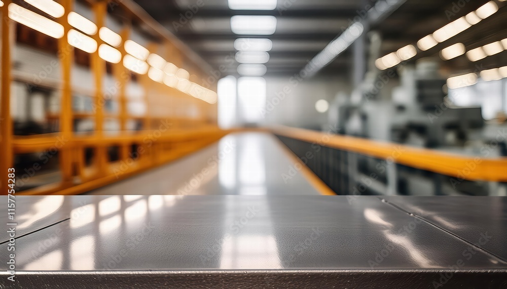 Poster clean and polished metallic assembly line surface with a blurred dynamic factory background ideal fo