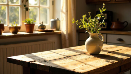 Sunlit rustic kitchen with potted plants and vase on wooden table