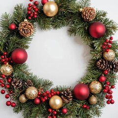 Christmas garland with red and gold balls, berries and pine cones.