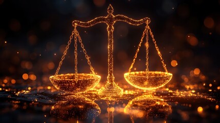 Balanced scales rendered as minimalist glowing lines, set against a dark background with soft golden gradients. libra zodiac sign concept