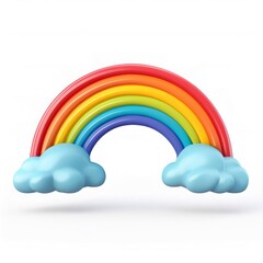 Vibrant cartoon rainbow curving between stylized clouds, projecting playful mood against crisp white backdrop