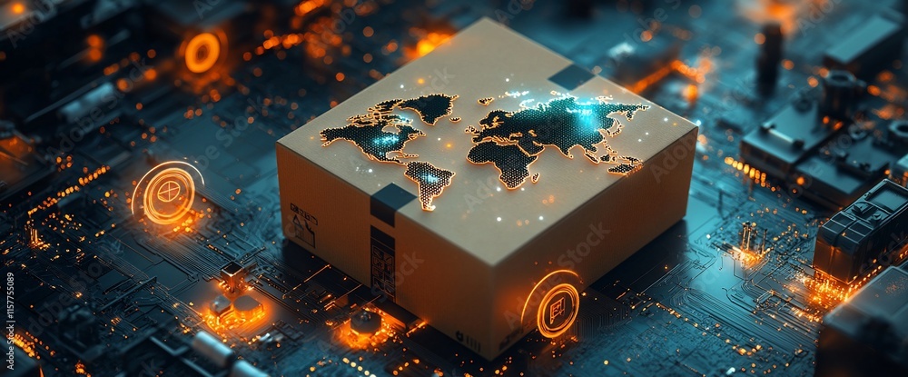 Poster a stylized package with a world map on a circuit board background.