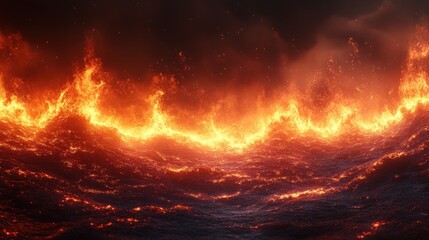 Fototapeta premium A fiery landscape depicting molten lava flowing and glowing intensely.