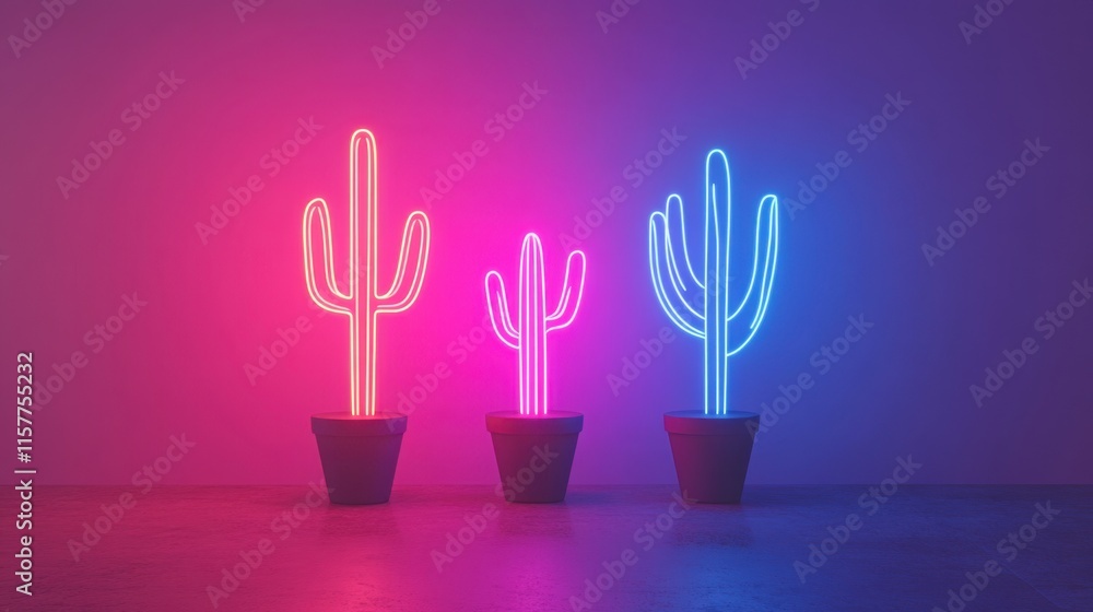Poster colorful neon cactus display in pots with soft gradient background lighting