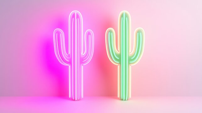 Neon Cactus Art Installation with Pink and Green Colors on Background