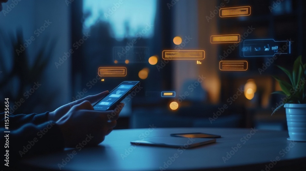 Aufkleber modern user interacting with smartphone in dark room, engaging with digital notifications and data, 