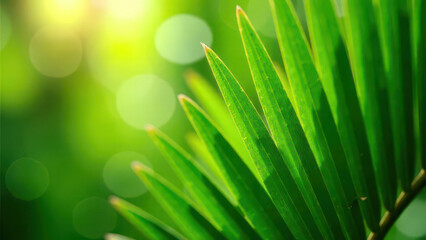 Close-up of sunlit green palm leaves with soft bokeh background