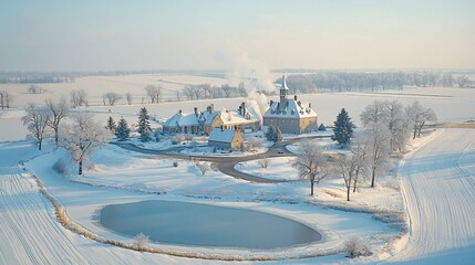 Aerial view of a snow-covered estate with a frozen pond.