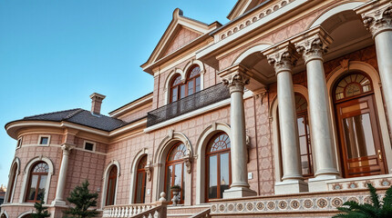 Fototapeta premium Classical Brick Mansion Exterior with Columns and Arched Windows