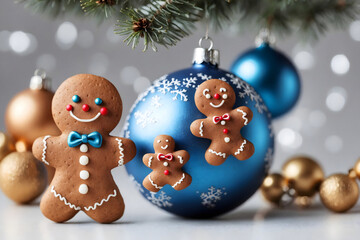 A festive display of gingerbread man cookies hanging on a blue Christmas ball and tree, fir branches,surrounded by blurry golden ornament decorations and twinkling lights in the background, wallpaper