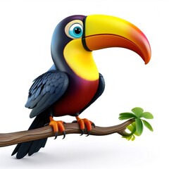 Fototapeta premium 3D cartoon toucan with brightly colored beak perched on a branch, isolated on white background