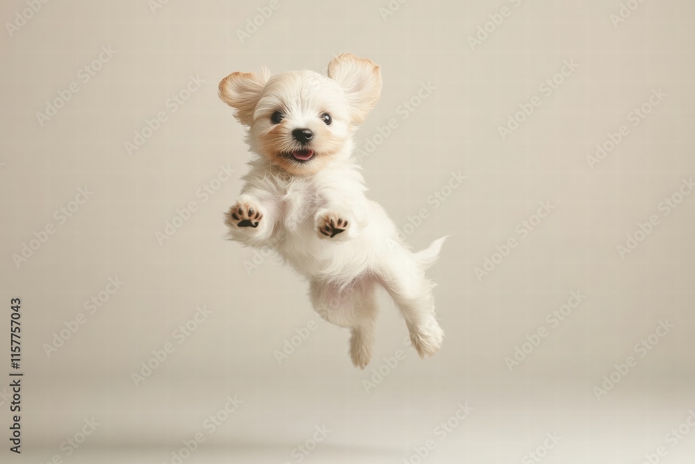 Poster joyful puppy leaps in mid air with excitement and playful energy in a bright and open space. generat