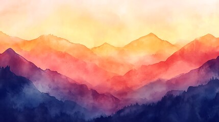 Vibrant Watercolor Illustration: Misty Mountains at Sunset. AI Generated