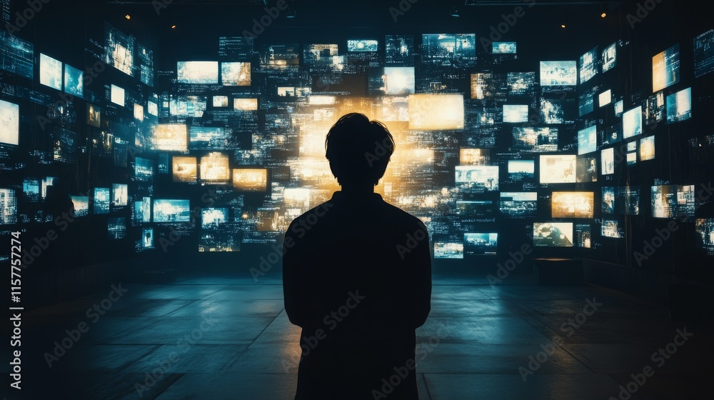 Aufkleber person silhouette in front of multiple screens displaying data and information in a dark room, symbo