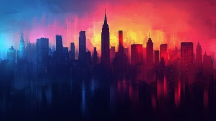 City skyline glowing at sunset with vibrant colors and skyscrapers reflecting on water