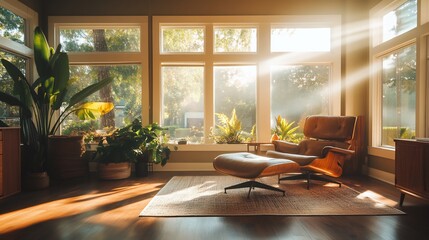 Fototapeta premium Sunlit Room Photo: Serene Morning Light Bathes Comfortable Lounge Chair. AI Generated