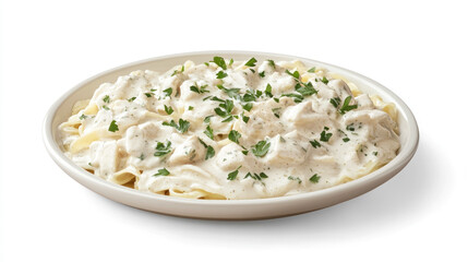 Creamy chicken pasta dish on a plate.