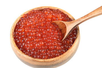 Close-up of a wooden spoon inside red caviar.