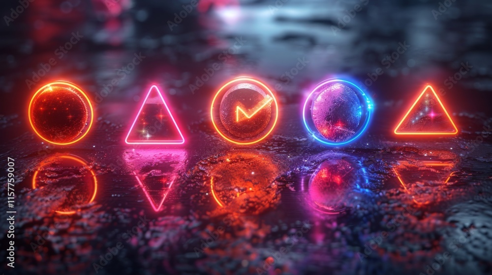 Poster design a series of neon productivity symbols, featuring shimmering checkmarks