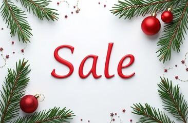 New Year frame made of decorations with balls and fir branches. White background, in the middle the word sale. Decorations are red
