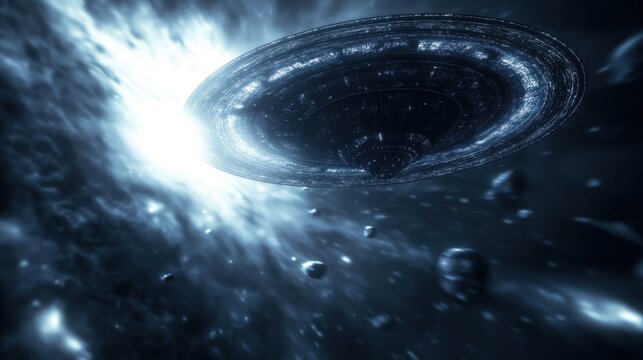 Mysterious alien spacecraft hovers near a black hole, distorting light and space in an extraordinary cosmic display