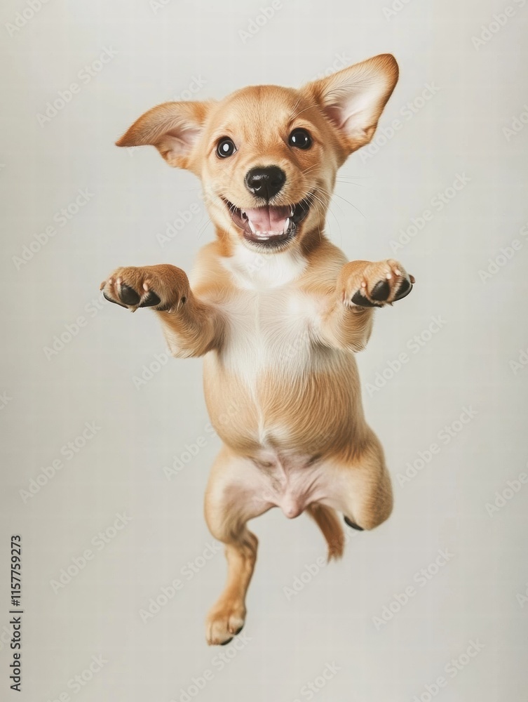 Aufkleber joyful puppy jumping in mid air with space for text to add a personal touch. generative ai