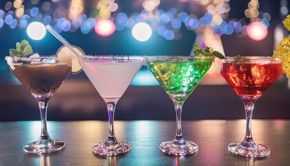 Vibrant Colorful Cocktails in Elegant Glasses on a Bar Counter Surrounded by Neon Lights, Creating an Inviting Atmosphere on a Dark Night, Perfect for Social Gatherings and Celebrations