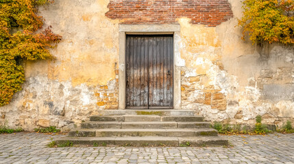 Fototapeta premium Old weathered building with wooden door and stairs during autumn
