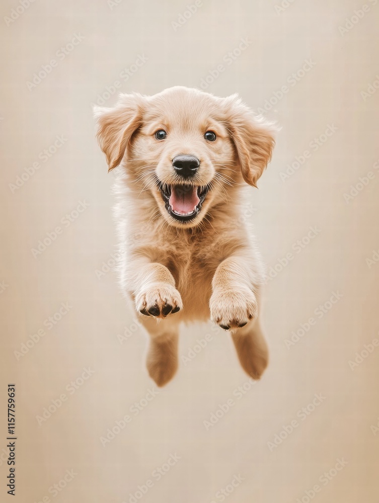 Aufkleber Joyful puppy leaping in mid air with a playful expression and ample space for text placement. Generative AI